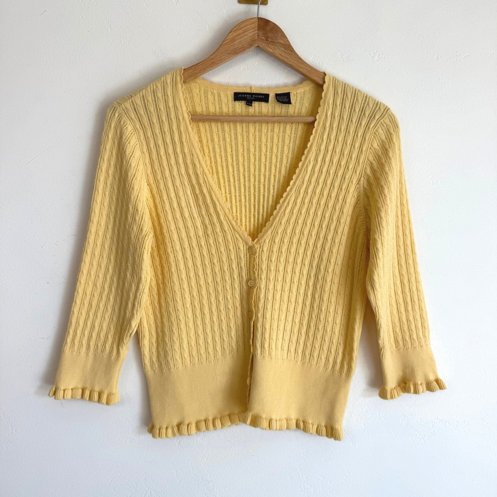 Jeanne Pierre Butter Yellow Cable Knit Cardigan Coquette Preppy Soft Girl P Med